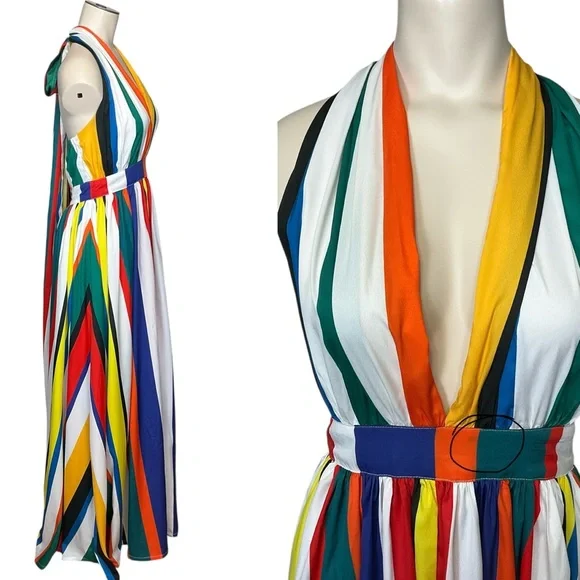 BOSTON PROPER sz 2 Pleated Wild Halter Maxi Sundress Multi - Picture 2 of 15